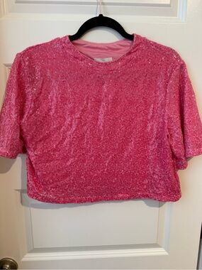H&M Hot Pink Sequin Cropped Tee